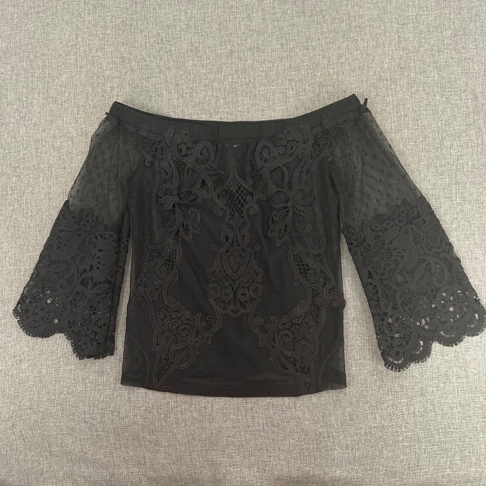 Mocha Beautiful Off The Shoulder Top Medium Black Wide Crochet Sleeves Sheer Mes